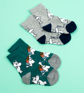 Moomin Kids Socks Douple Pack Grey Green Moomintroll | Muumi Lasten Sukat Tuplapakkaus Vihreä Harmaa Muumipeikko