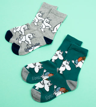 Moomin Kids Socks Douple Pack Grey Green Moomintroll | Muumi Lasten Sukat Tuplapakkaus Vihreä Harmaa Muumipeikko